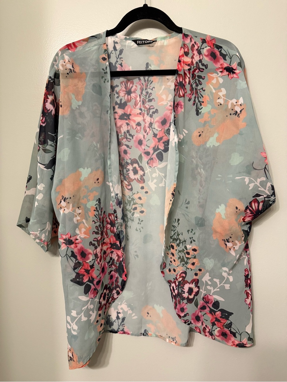 Feitong Floral Sheer Kimono Tunic in Light Sage and Pink florals